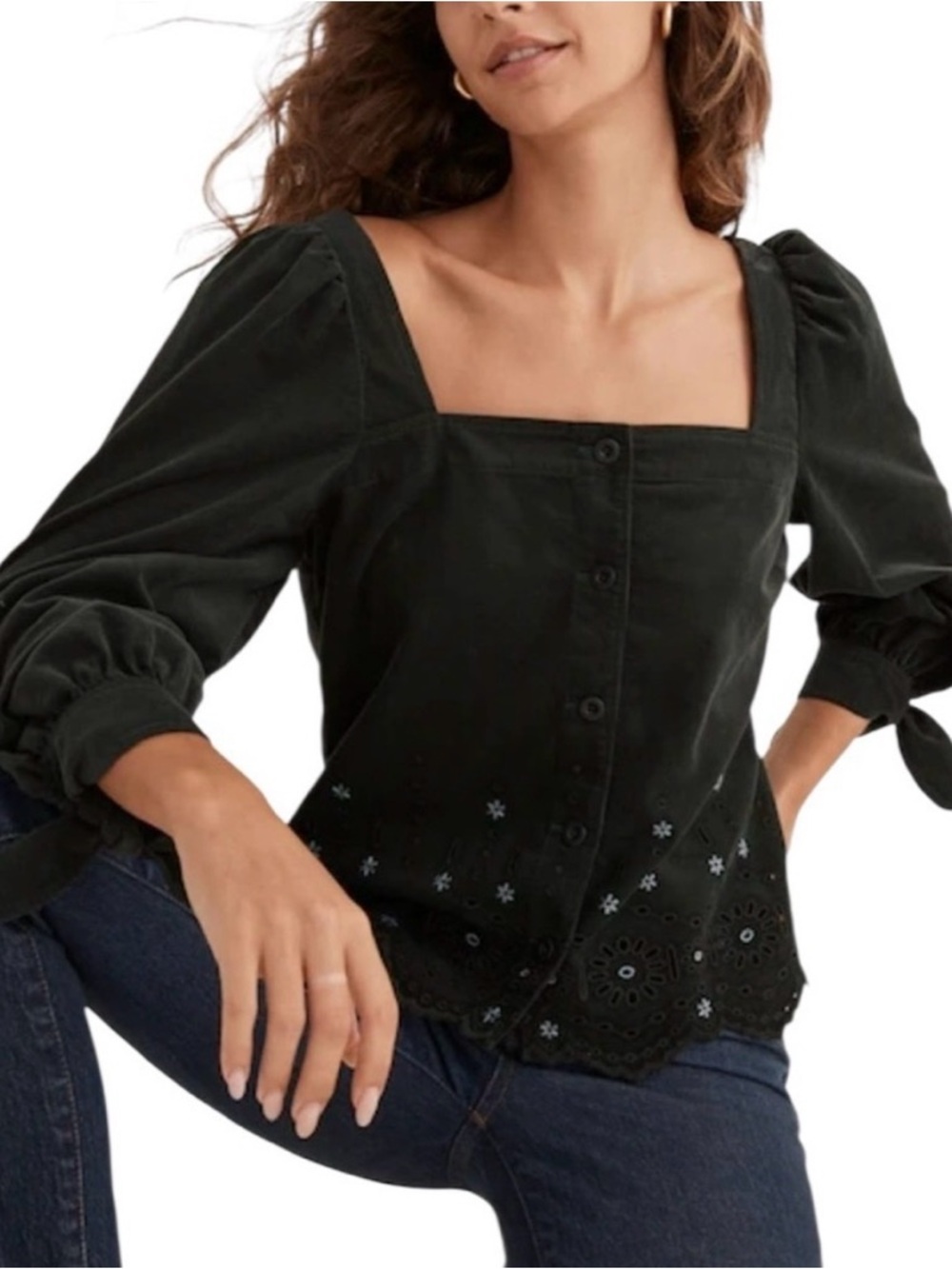 Madewell Black Square-Neck Button Front Top with Eyelet Hem